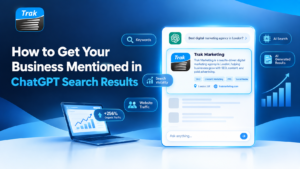 How to get your business mentioned in ChatGPT search results, illustrated with a digital search interface.